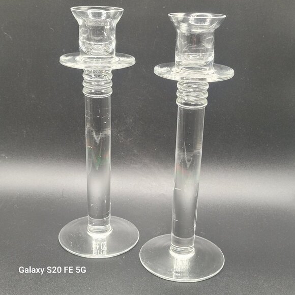 Classic Style Tall Clear Glass Taper Candle Candlestick Holder w Drip Catcher - Picture 1 of 9